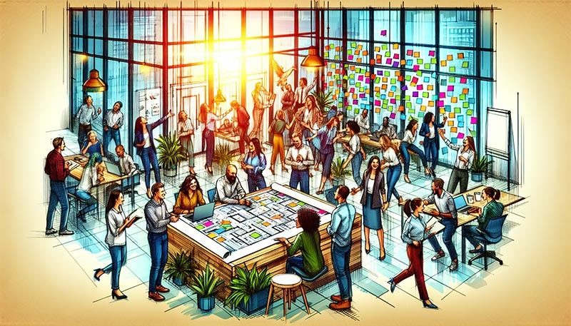 Illustration of engaged employees collaborating in a vibrant workplace